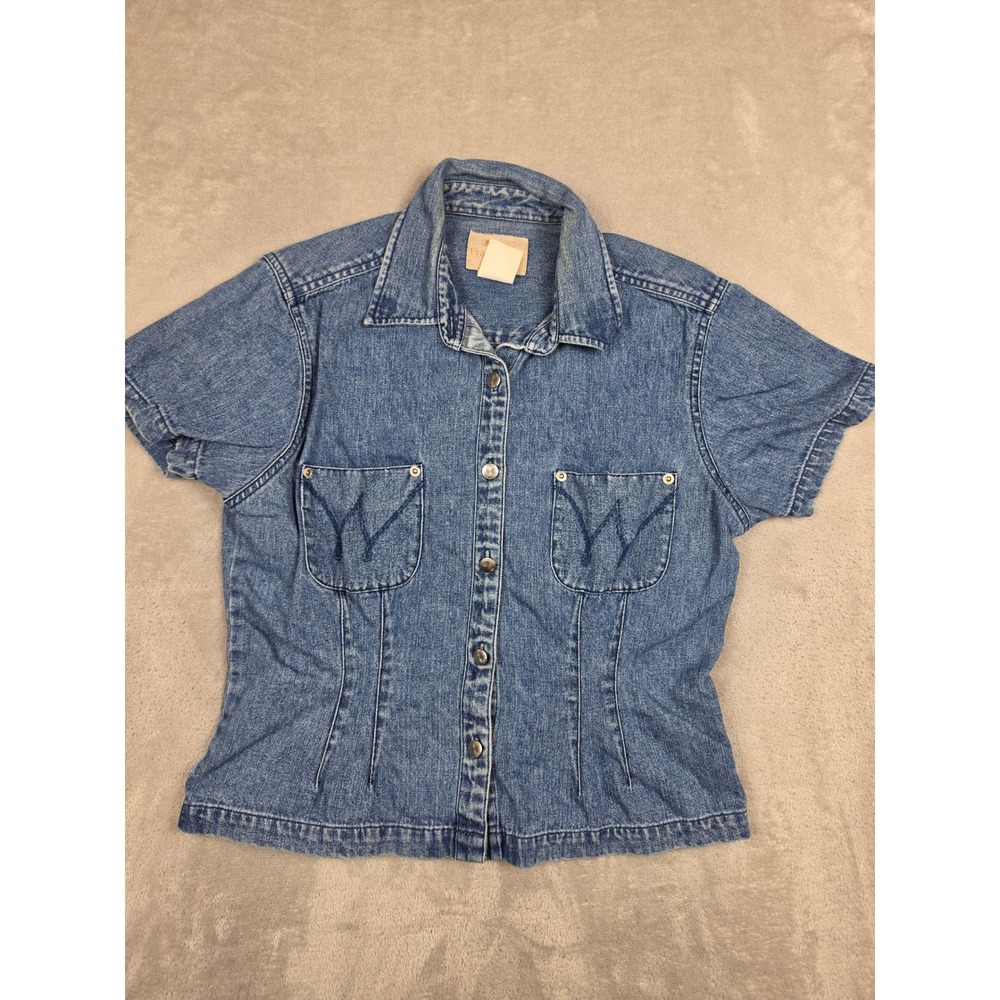 Vintage Wrangler Prairie Rose Denim Shirt Women S Blue Short Sleeve Western Snap
